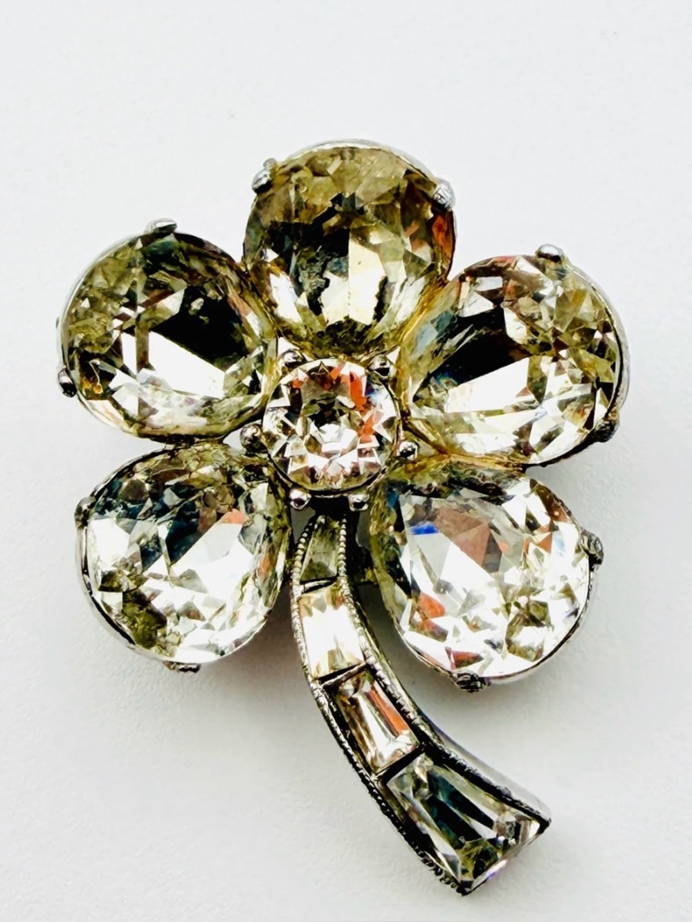 Bogoff Crystal 5 Leaf Clover Flower Brooch Vintage - Picture 8 of 8